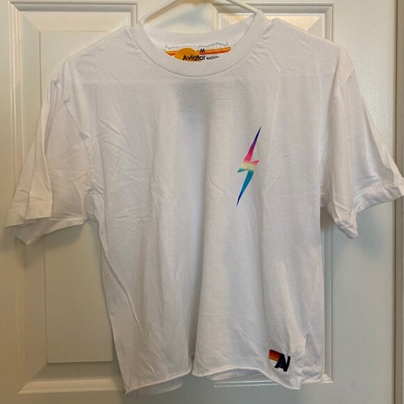 Aviator Nation BOLT BOYFRIEND TEE - white tshirt, multi color bolt size M - Picture 1 of 3